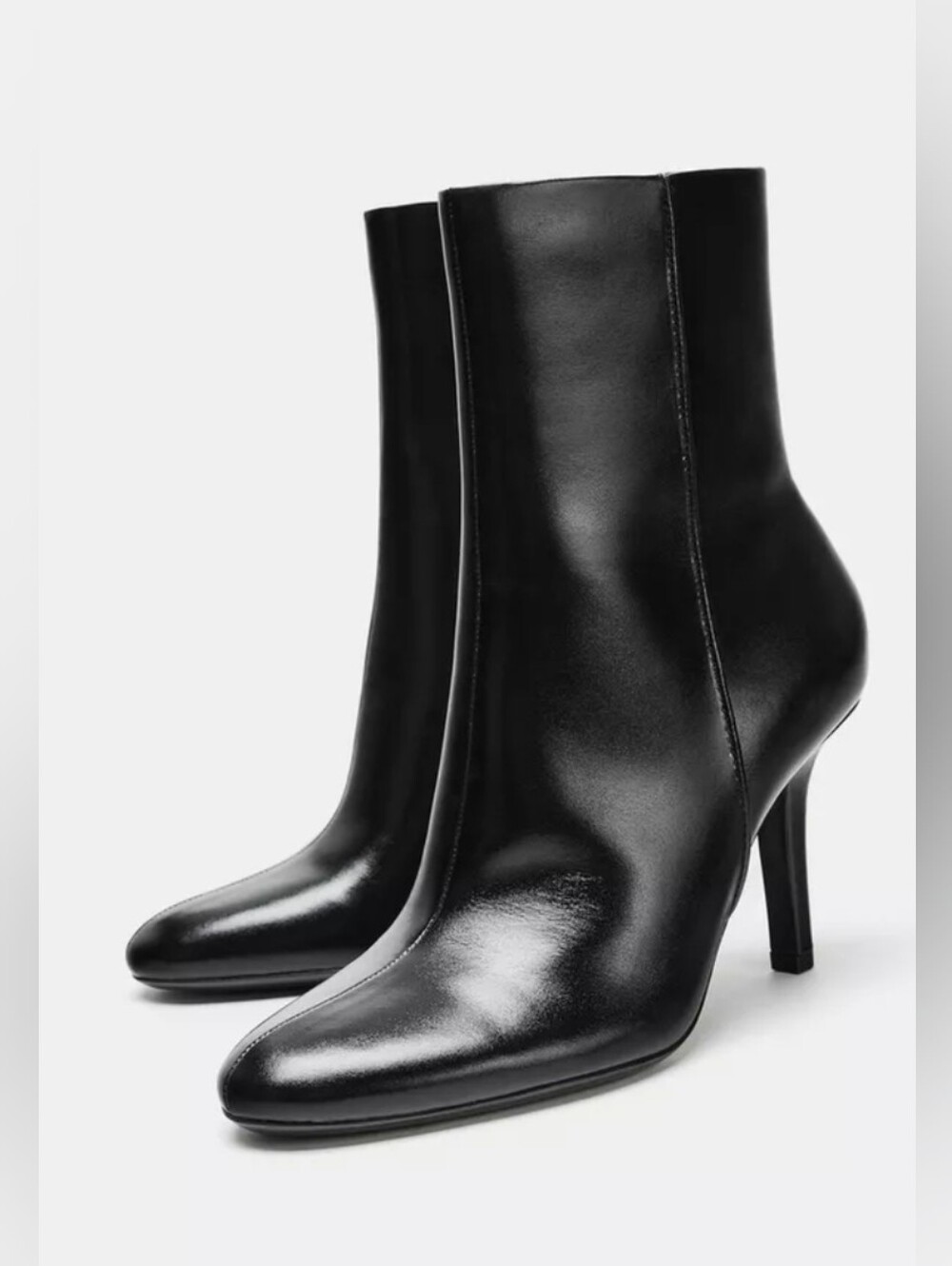 ZARA Black Genuine Leather Heeled Ankle Boots Pointed Toe Stiletto Size 39 / US8